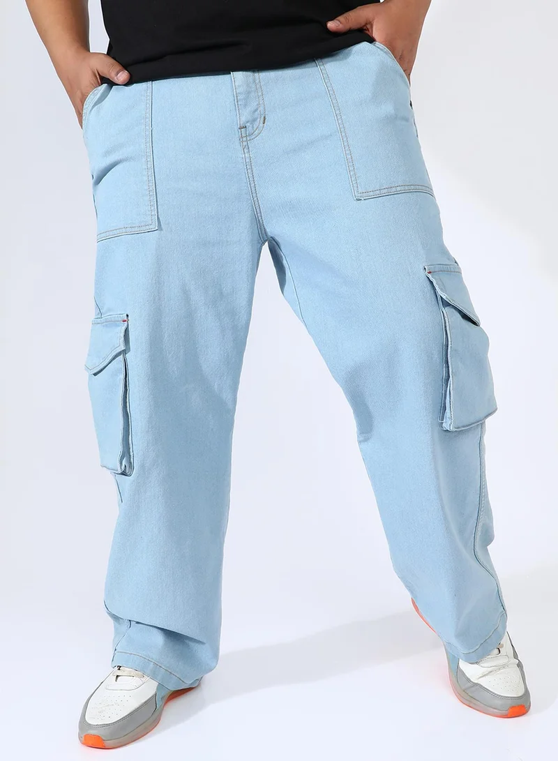 انستافاب بلس Men's Light Blue Utility Cargo Denim Jeans For Casual Wear | Mid-Rise | Straight Fit | Button Closure | Plus-Size Denim Jeans Crafted With Comfort Fit For Everyday Wear
